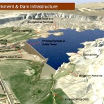 An artist’s conception of the proposed Alkali Creek Dam near Hyattville shows some of the infrastructure needed to complete the project. Wyoming Water Development Office