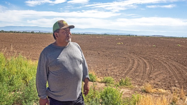Tino Mendez of Mendez Brothers farm stops for a portrait by one of his unplanted fields in Emblem Tuesday, July 7. Of 3,000 acres, the Mendezes did not plant 580 acres this season due to low water expectancy. Avery Howe